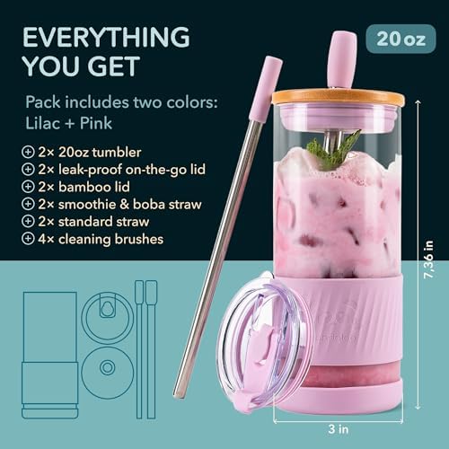 Pandaloo® Glass Cups With Lids and Straws -20 Fl Oz- Perfect Size Iced Coffee Cup - Smoothie Cup With Bamboo Lid and On the go Lid - Glass Tumbler (2 Count (Pack of 1), Lilac-Pink) - Image 2