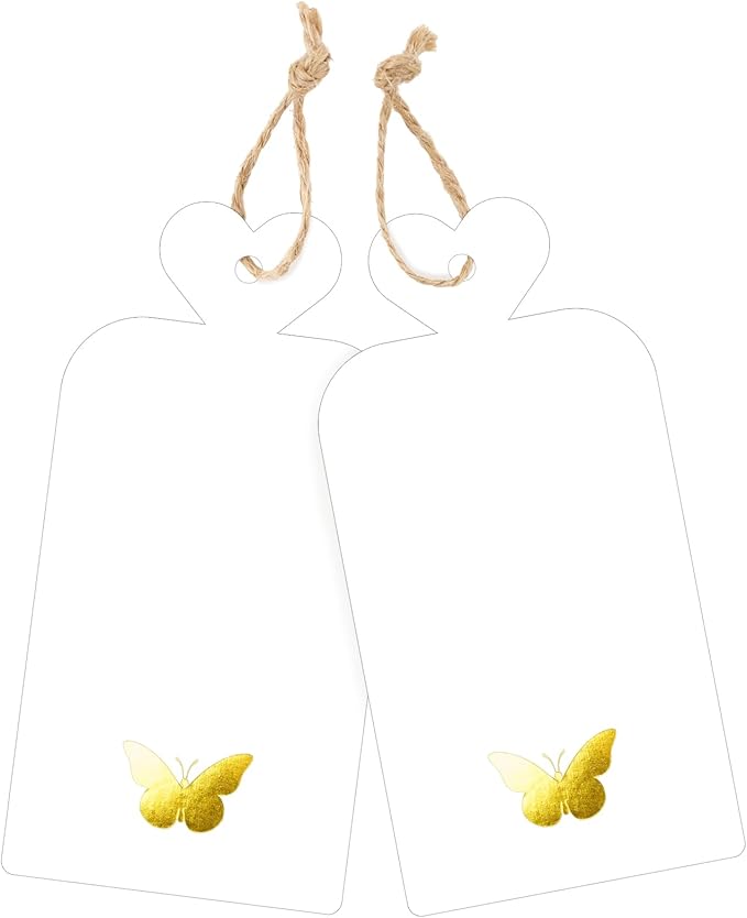 joycraft 100Pcs Gift Tags with String, 4x2 in Blank Tags with Gold Foil Butterfly, White Paper Labels for Birthday, Wedding, Baby Shower, Christmas