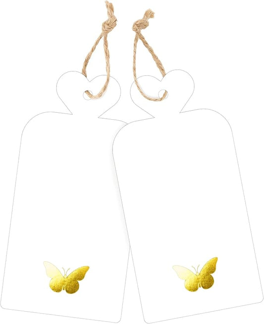 joycraft 100Pcs Gift Tags with String, 4x2 in Blank Tags with Gold Foil Butterfly, White Paper Labels for Birthday, Wedding, Baby Shower, Christmas