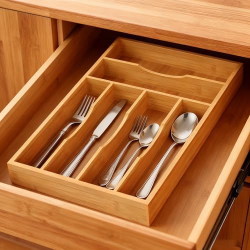 Bamboo Silverware Organizer, Bamboo Kitchen Drawer Cutlery Organizer, Utensil Holder, Flatware Organizer Tray (15.8"x9.5"x1.6") - Image 3