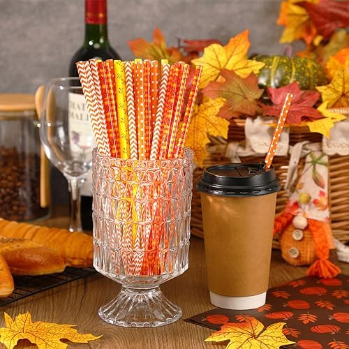 JANYUN 30 Pieces Fall Straws, 9inch Hard Platic Reusable Thanksgiving Drinking Straws Autumn Maple Leaf Pumpkin Straw for Family Party Favors Supplies Cleaning Brush (Orange & Yellow) - Image 4