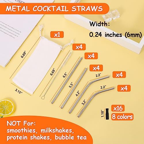 Lazycorner 16 Pcs Short Metal Straw, 6mm 5.5" 6.5" Kids Reusable Straw Silicone Tips Cleaner, Mini Small Stainless Steel Straws Fit 8 10 12 oz Tumbler/Wine Tumblers, Reusable Cocktail Straws(Silver) - Image 2