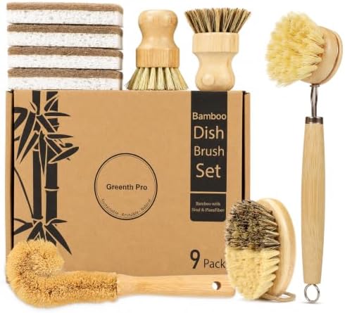 GREENTH PRO 9-Piece Bamboo Dish Brush Set with Natural Coconut Sponges by GREENTHPRO
