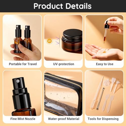 Segbeauty 8pcs Amber Travel Toiletry Containers with Clear Bag, Refillable Travel Skincare Containers Spray Dropper Bottle Perfume Atomizer, Lotion Container Jar Empty Amber Glass Creams Pump Bottle - Image 2