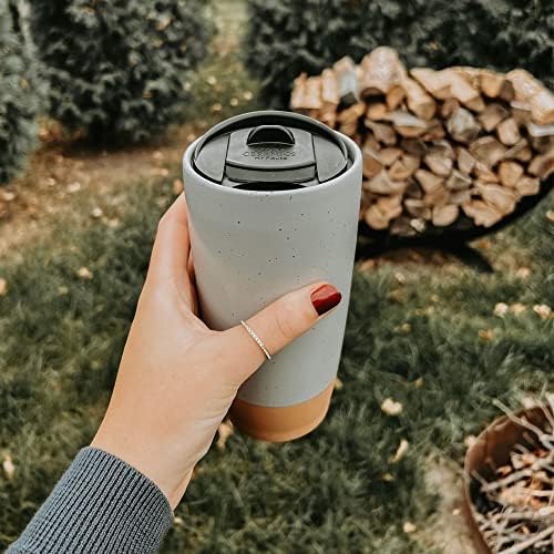Mora Double Wall Ceramic Coffee Travel Mug with Lid, 14 oz, Portable, Microwave, Dishwasher Safe, Insulated Reusable Tall Cup, Splash Resistant Lid - To Go Tumbler for Car Cup Holder, Overcast Grey - Image 5
