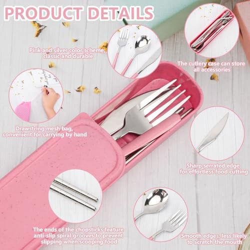 JEPELUS 10Pcs Pink Travel Cutlery Set with Case, Lunch Box Utensils - Image 3