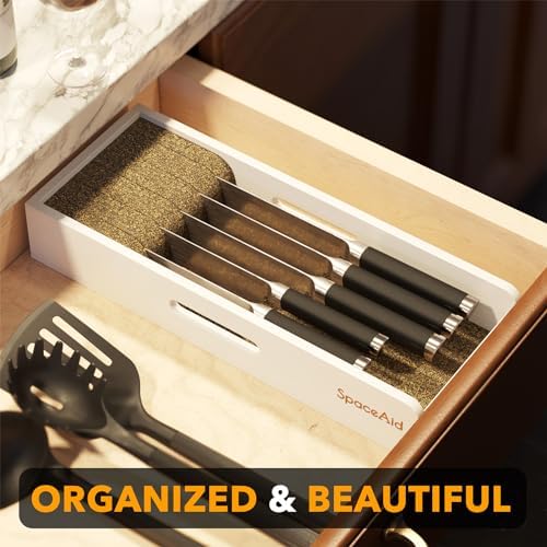 SpaceAid Knife Drawer Organizer Bamboo Insert Dock, Kitchen Steak Knives Holder Organizers Block for Drawer in Storage Organization (Small, White) - Image 4