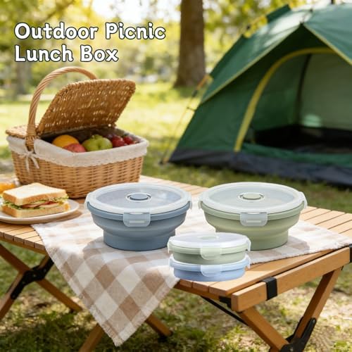 Silicone Collapsible Food Storage Containers-Prep/Storage Bowls with Lids – Set of 2 Round Silicone Lunch Containers – Microwave and Freezer Food Containers (550ML,Green Blue) - Image 5