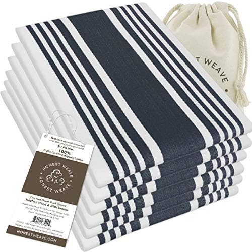 HONEST WEAVE GOTS Certified Organic Cotton Kitchen Hand and Dish Towel Sets - Oversized 20x30 inches, Fully Hemmed, in Designer Colors, 6-Pack, Black Stripe by HonestWeave