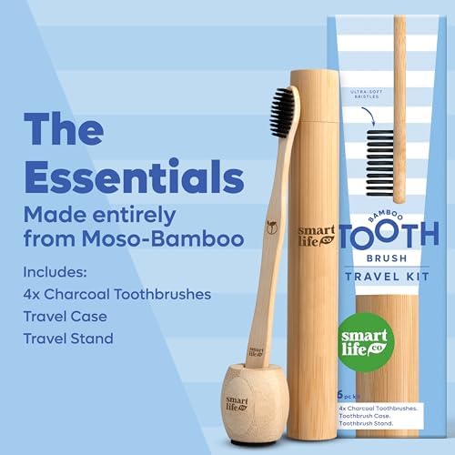 Bamboo Charcoal Toothbrushes (4 Pack) with Travel Case & Stand - Extra Soft Bristles for Adults & Kids Teeth | Zero Waste Travel Toothbrush Kit | Natural Eco-Friendly Wooden Brush Holder Cover - Image 3