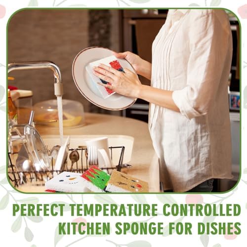 Whaline 8Pcs Christmas Character Kitchen Sponges Santa Reindeer Snowman Elf Water Absorbing Dish Washing Sponge Non Scratch Cleaning Scrub Sponges for Holiday Home Kitchen Bathroom - Image 6