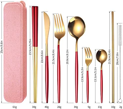AARAINBOW 8 Pieces Stainless Steel Flatware Set Portable Reusable Cutlery Set Travel Utensils Set Including Chopsticks Knife Fork Spoon Straws Cleaning Brush Dishwasher Safe (Red Golden) - Image 2