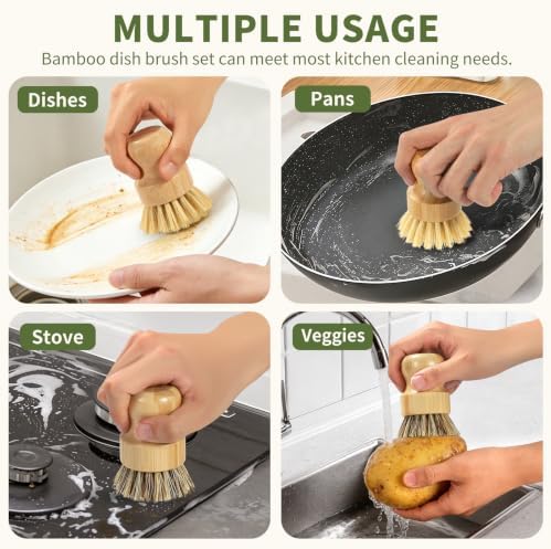 4-PCS Natural Bamboo Dish Brush with Ceramic Tray for Cleaning - Image 6
