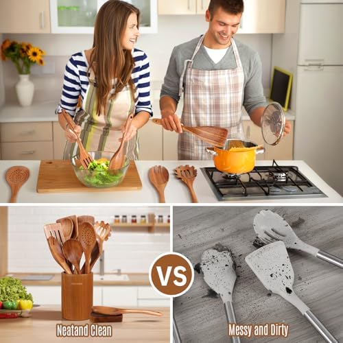Wooden Spoons for Cooking 12PCS Teak Wooden Kitchen Utensil Set - Image 7