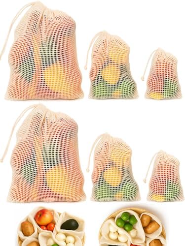 Reusable Mesh Produce Bags, Cotton Drawstring, Set of 6 by SOUSHOUSE