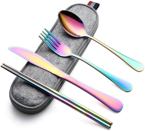 DEVICO Travel Utensils with Case, 5 Piece Portable Silverware Set for Work by DEVICO