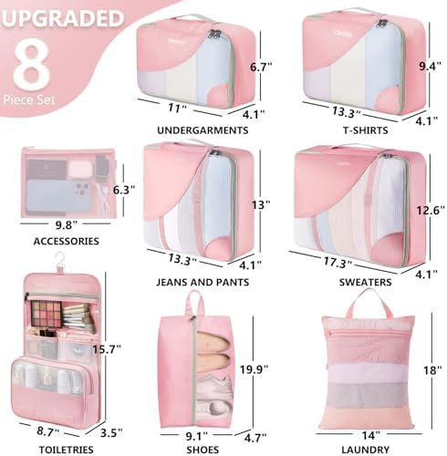 8 Set Packing Cubes for Travel, Gifts for Women Mom,Anti-Tearing Suitcase Organizer for Luggage with Shoe & Hanging Toiletry Bag,OlarHike Vacation Essentials & Accessories for Cruise Ship,Dream Pink - Image 2