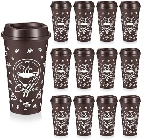 12 Sets Reusable Coffee Cups with Lids, 16oz, Brown by Skybooly