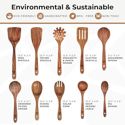 Wooden Spoons for Cooking – 10 Pcs Non Toxic Teak Kitchen Utensils Set - Image 4