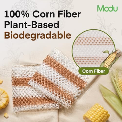 Modu 6 Pack EcoCorn Dish Sponges Scrubbers – 100% Corn Fiber, Biodegradable Kitchen Scrub Pads for Multipurpose Household Cleaning, Odor-Free, Plastic-Free Kitchen Mesh Net (Thin & Foamy 6 Count) - Image 2