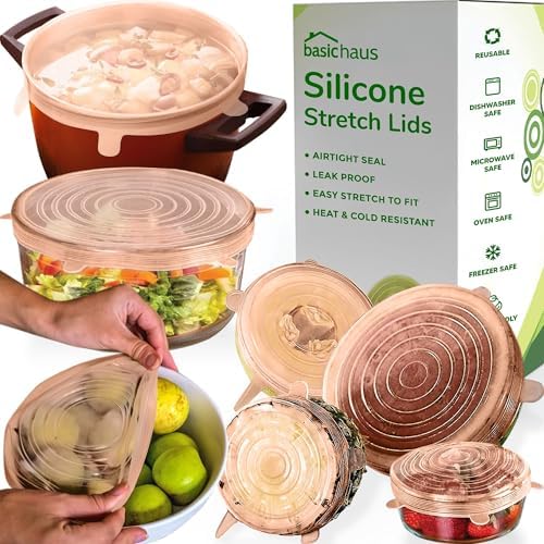Reusable Silicone Stretch Lids for Food Storage in Fridge - Elastic Heat-Resistant Bowl Covers, Cups, Cans, Jars - Universal Food Grade Lid for Containers - 7 Pack - Apricot Stretchy Lid Set by BasicHaus