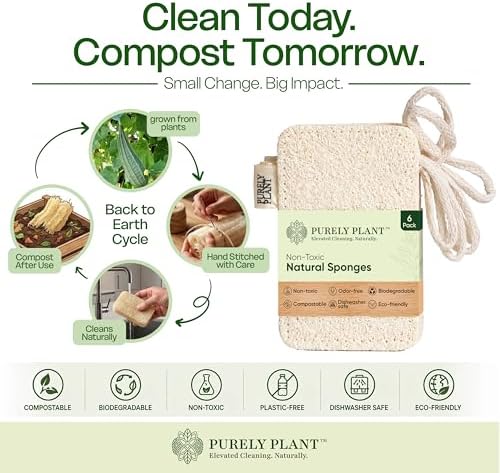 Purely Plant Loofah Dish Sponge 6 Pack–Non Toxic, 100% Plastic Free, Compostable & Biodegradable Premium Kitchen Scrubber, Plant Based, Non-Scratch Scouring Pad for Sink, Tile & Grout Cleaning Luffa - Image 4