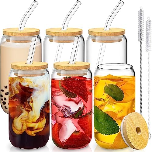 16 Oz Drinking Glasses - 6 Pcs Glass Cups with Bamboo Lids and Straws by SENTVEND