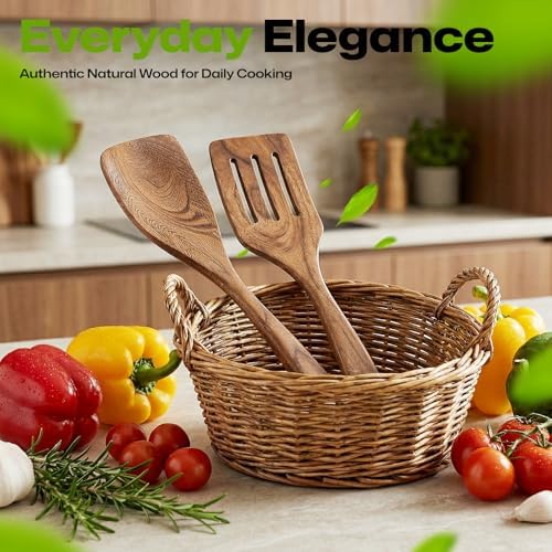 AIUHI 2Pcs Wooden Spatulas, Teak Wood Long Handle Flat Frying Turner, Nonstick Cooking Utensils Spatula for Kitchen - Image 7