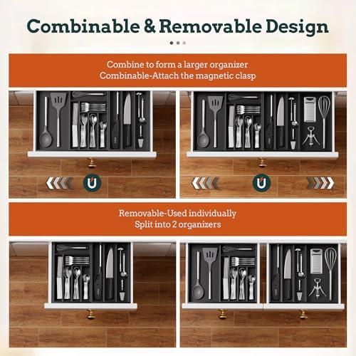 Bamboo Expandable Silverware Drawer Organizer 11 Slots Utensil Holder Black - Image 5