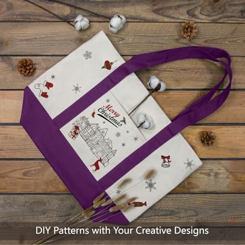 TOPDesign 1-Pack Canvas Tote Bag with an External Pocket, Reusable Grocery Shopping Bag, Top Zipper Closure, Daily Essentials (Purple/Natural) - Image 3
