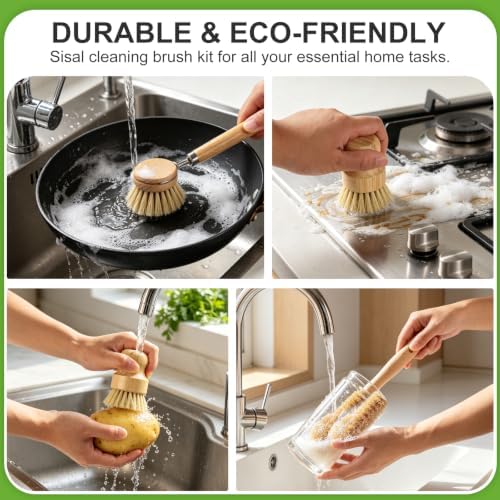 Bamboo Dish Brush Set, Natural Scrub Kitchen Brushes, 3 Pack - Image 7