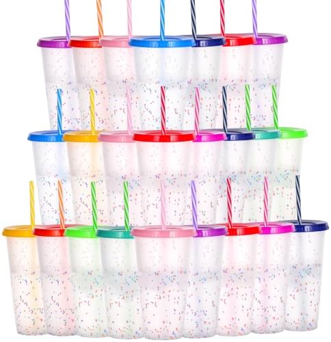 Color Changing Cups, 24 Pack 24oz Plastic Tumblers, Reusable Iced Coffee & Smoothie Cups with Lids and Straws for Parties and Travel (Rainbow, 24 Pcak) by Alohastarttg