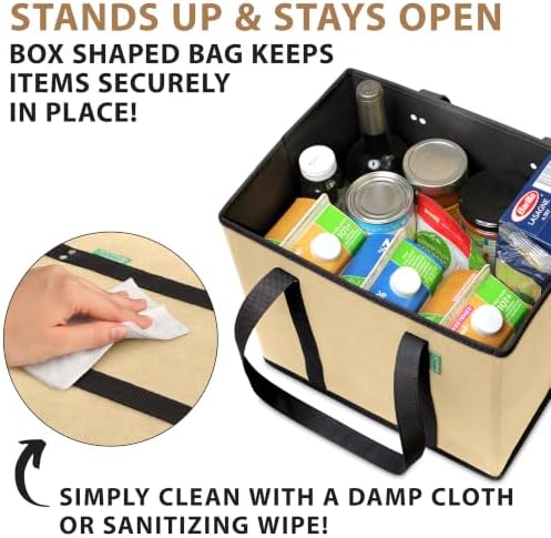 Reusable Grocery Bags (3 Pack) – Heavy Duty Reusable Shopping Bags, Beige - Image 3