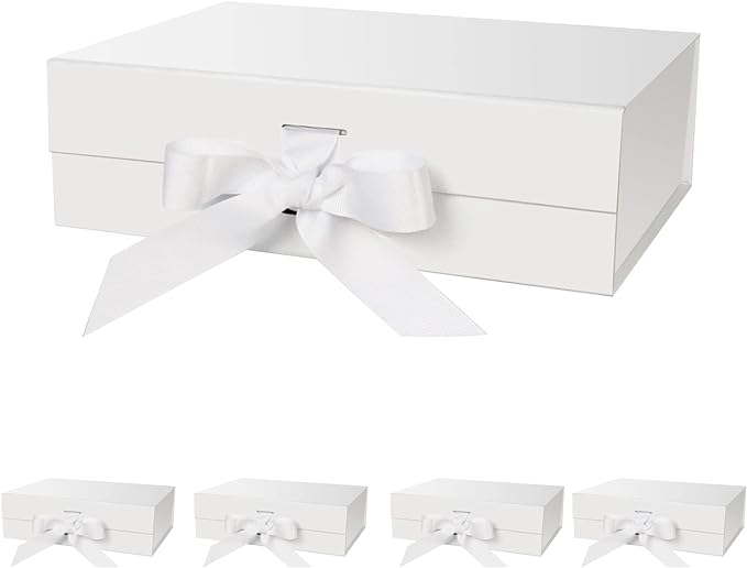 Gift Box with Lid for Presents 10.5x7.5x3.1 Inches with Ribbon and Magnetic Closure(5-Pack) (White)