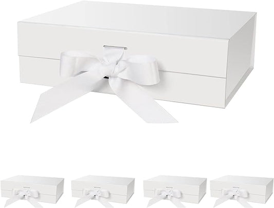 Gift Box with Lid for Presents 10.5x7.5x3.1 Inches with Ribbon and Magnetic Closure(5-Pack) (White)