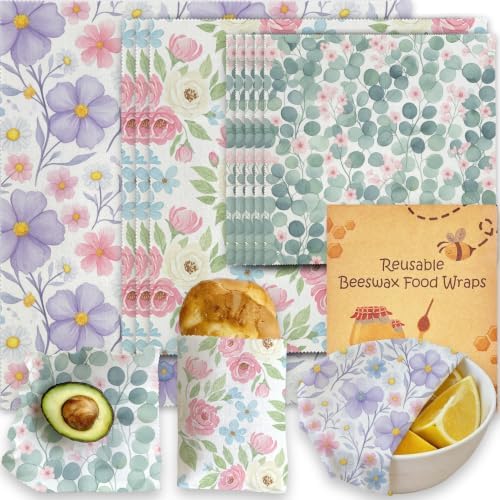 Reusable Beeswax Wraps, Watercolor Floral Beeswax Wraps, 9 PCS Eco-Friendly Food Storage, Organic Cotton, Sustainable, Zero Waste, Plastic-Free, For Sandwich, Bread, Bowl, 1XL, 3M, 5S by Unknown