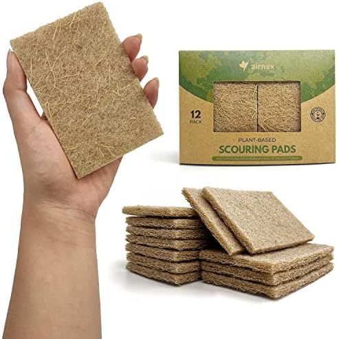 AIRNEX Plant-Based Scouring Pads for Dishes - Coconut Husk Non Scratch Scrub Pads - Natural Kitchen Scrubbing Pads for Pots & Pans - Eco Friendly & Non Abrasive Dish Scrubber Pads - Pack of 12 by Airnex