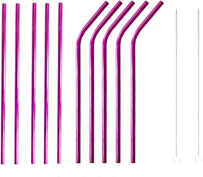 10 Pcs Stainless Steel Straws, Reusable Drinking Straws, 5 Straight + 5 Bent Metal Straws Set With 2 Pcs Cleaning Brushes (Rose Red, 8.5 Inch)