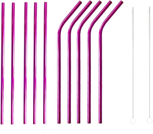 10 Pcs Stainless Steel Straws, Reusable Drinking Straws, 5 Straight + 5 Bent Metal Straws Set With 2 Pcs Cleaning Brushes (Rose Red, 10.5 Inch)