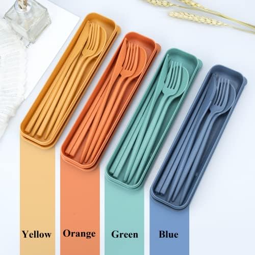 DISSKNIC Reusable Travel Utensils with Case, 4 Sets Wheat Straw Portable Cutlery Set Chopsticks Knives Fork and Spoon for Lunch Box Accessories, Camping Flatware Sets for Daily Use or Outdoor - Image 3