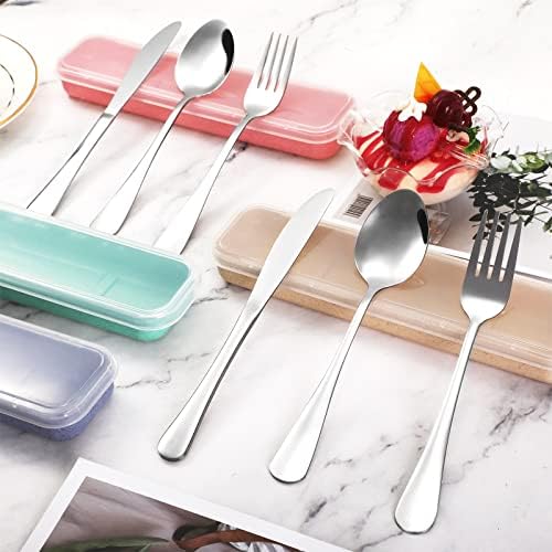 Yinkin 4 Pack Travel Silverware Set with Case for Lunch,Beige - Image 3