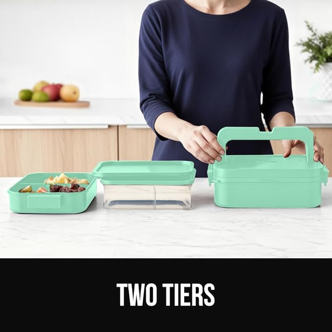 GORILLA GRIP BPA-Free Leakproof 5-Compartment Bento Lunch Box for Adults, Kids, Holds 10 Cups, Microwave Safe Hot and Cold Food Containers, Easy to Carry Lid Includes Built-In Utensils Set, Mint