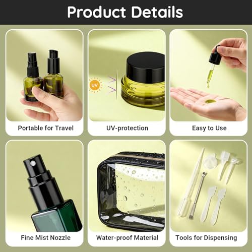 Segbeauty 8pcs Green Travel Essentials Bottles Skincare Containers Set with Makeup Bag, Empty Small Sprayer Travel Size Containers for Toiletries, Glass Dropper Bottle, Lotion Pump Bottle Cream Jar - Image 2