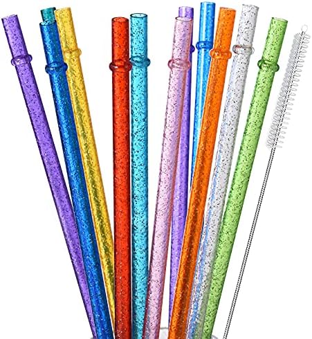 ALINK 12-Pack Reusable Plastic Glitter Straws, 11" Long Colorful Hard Plastic Tumbler Straws for 16 OZ 20 OZ 30 OZ Stanley, YETI, Mason Jar, Starbucks with Cleaning Brush by ALINK