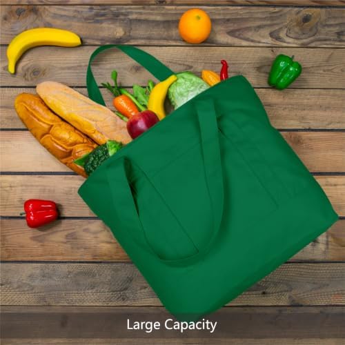 TOPDesign 1-Pack Canvas Tote Bag with an External Pocket, Reusable Grocery Shopping Bag, Top Zipper Closure, Daily Essentials (Green) - Image 3