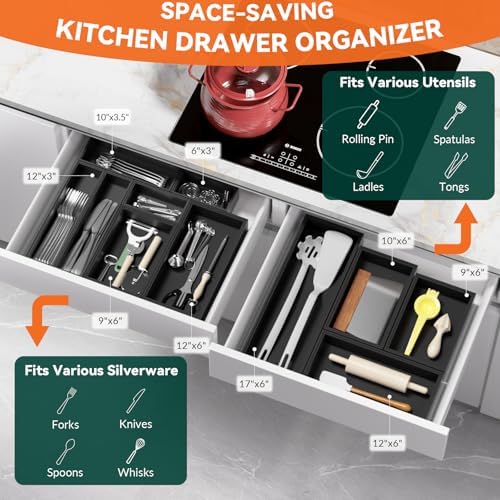 Lixple Bamboo Kitchen Drawer Organizer, 2 Pack, 10" x 6" x 2", Black - Image 3