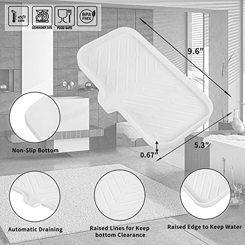 MicoYang Silicone Soap Dish with Drain Spout — Self-Draining Sink Organizer Tray for Bathroom & Kitchen, Sponges, Dispensers & Soap Holder, Non-Slip & Dishwasher Safe, White (Medium, 9.6"×5.3") - Image 2