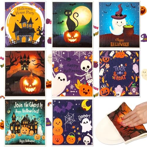 Lucomb 8 Pack Halloween Swedish Dishcloths Reusable, Kitchen Sponges Soft Absorbent Dish Towels Swedish Dish Cloths Washable Decorative for Kitchen Washing Dishes Bathroom Office Hand Towel Cleaning by Lucomb