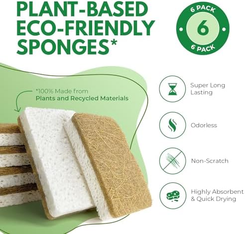 AIRNEX Biodegradable Natural Kitchen Sponges Pack of 6 - Cellulose and Coconut Walnut Scrubber Sponge - Eco Friendly Sponges for Dishes - Image 2
