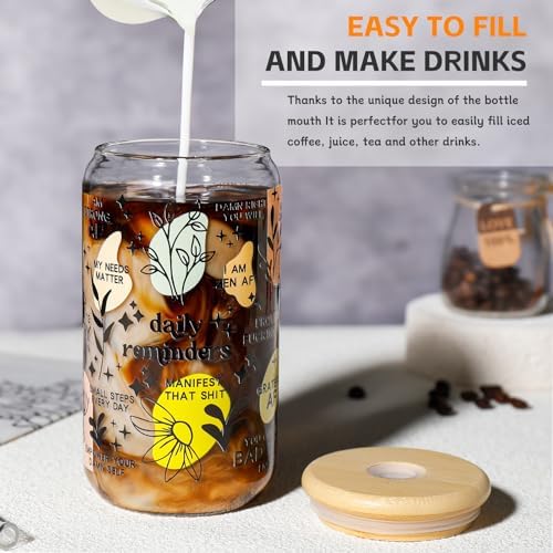 DWTS DANWEITESI Glass Cups with Lids and Straws with Design 4 pcs（Daily Reminder）,Clear Glass Cups 16 oz-Glass Tumbler,Cute Design Glass Iced Coffee Cups Mental Health Positive 480ml - Image 5